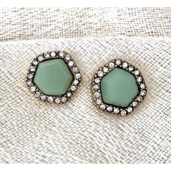 Lauren Conrad LC Gold Tone Green Rhinestone Hexagon Shaped Stud Earrings - Picture 1 of 3